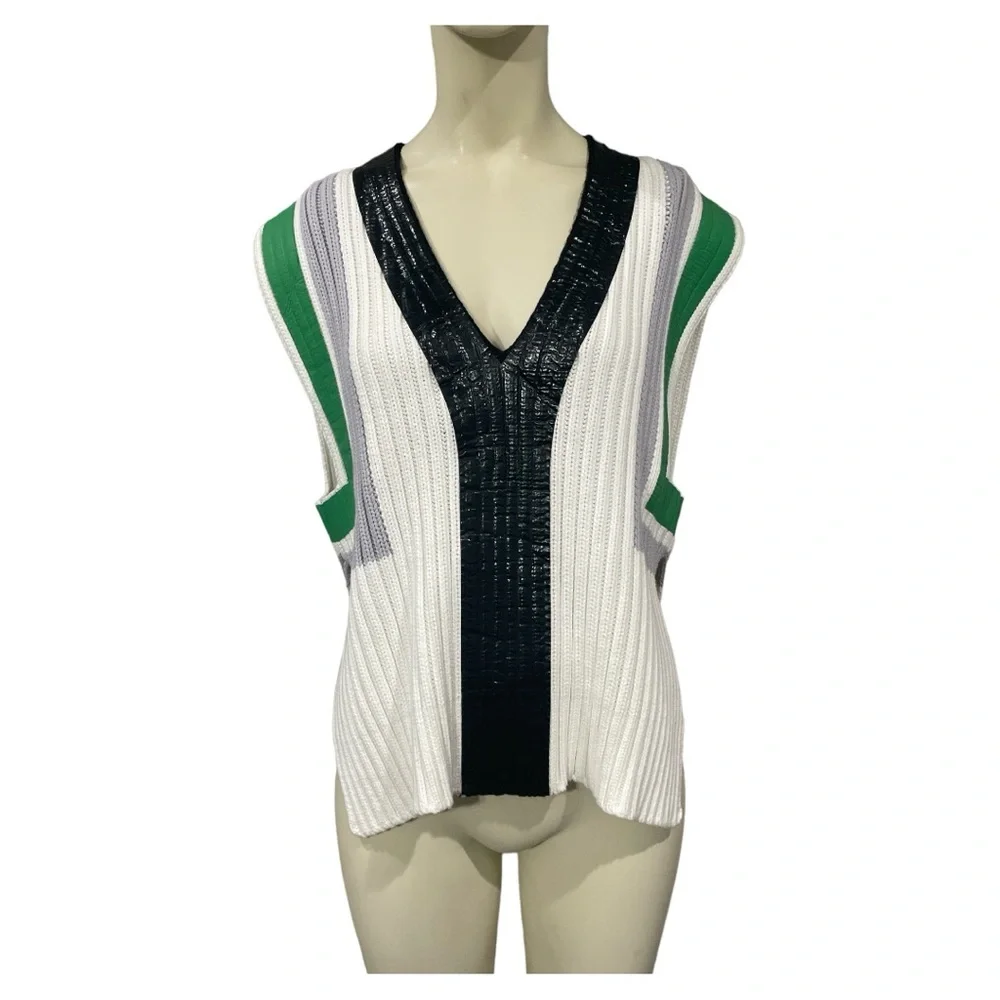 Sportmax White V-Neck Ribbed Sweater Vest with Green and Black Accents - Picture 2 of 9